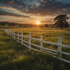 Obraz premium A dreamy sunset over a lush grassland, with a white wooden fence stretching across the scene.