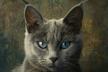 Fototapeta premium cat photography, a russian manx cat with striking blue eyes and soft grey fur is showcased against a muted forest green background, accentuating its tail and coat texture