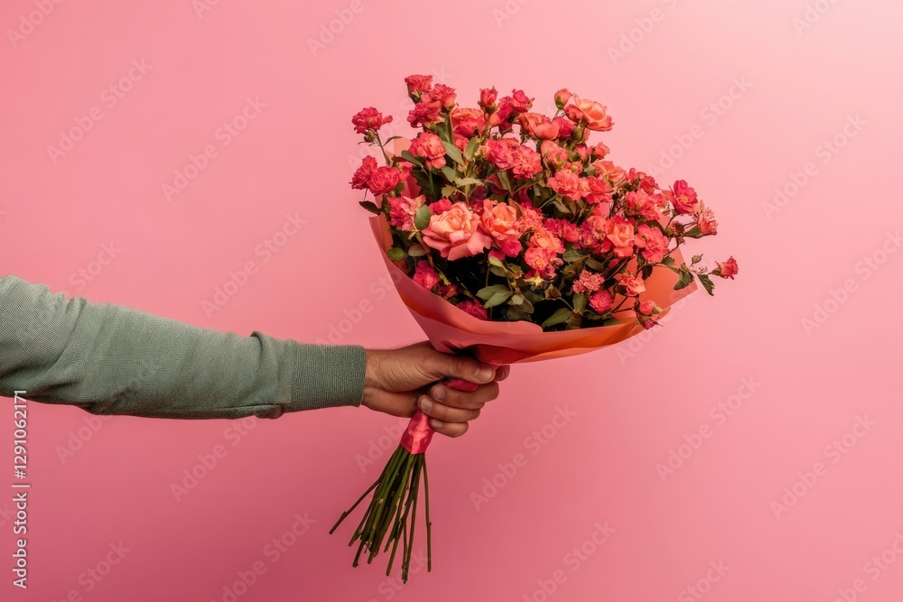 Poster a person holds a colorful bouquet of flowers in front of a soft pink background