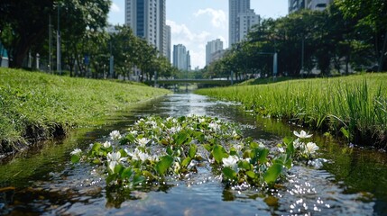 Fototapeta premium White aquatic flowers float in a clear stream flowing through a green urban park with city skyscrapers in the background during a sunny day.
