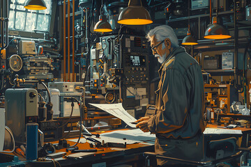 plumber workshop, a busy mechanics workshop features a plumber at the center, surrounded by pipes and tools warm lighting adds a glow, highlighting the organized space an experienced gray-haired