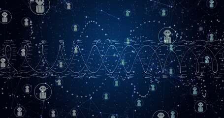 Image of network of connections over robot icons on blue background