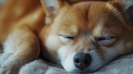 A brown dog lying down on a cozy blanket, looking relaxed
