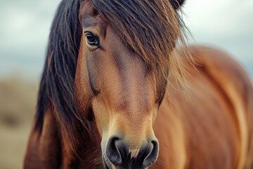 Close-up shot of a horse's face against a cloudy sky, suitable for use in animal-themed illustrations or designs