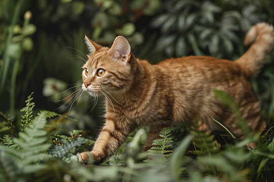 nature photography, a breathtaking shot of a russian manx cat in its natural habitat, showcasing its graceful movements and distinctive bobtail in lush green surroundings