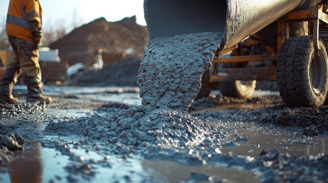 Concrete being poured from large mixer onto construction site, showcasing texture and flow of material. scene captures essence of construction work