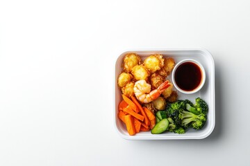 Colorful meal tray featuring shrimp, vegetables, and dipping sau