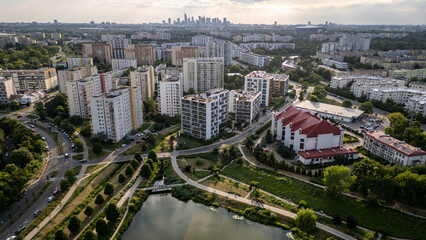 Residential buildings over Balaton Lake in Goclaw area, subdistrict of Praga-Poludnie, Warsaw city,...