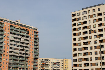 Fototapeta premium Residential buildings from different periods, from the 80s, beginning of 21st century and contemporary in Goclaw area, Warsaw, Poland