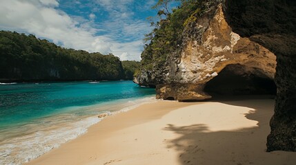 Secluded Tropical Beach Cove with Turquoise Water and Dramatic Rock Formations