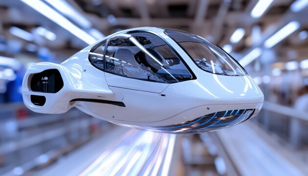Futuristic White Flying Vehicle Hovering Above Blurred City Street