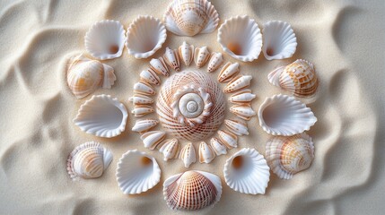 Obraz premium Coastal Boho Aesthetic, Pastel seashell mandala illustration, a beautifully intricate seashell mandala on the sand, perfect for ocean-inspired decor and summer-themed designs
