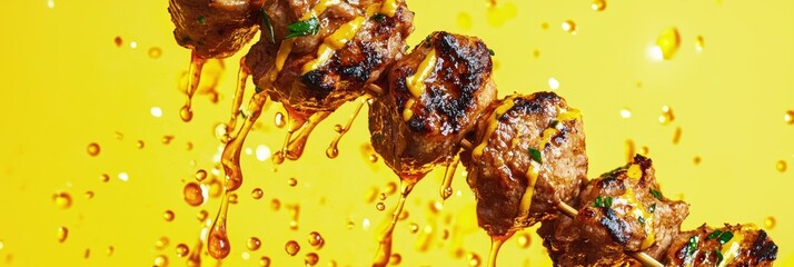 3d background minimalistic mockup with space for text flying kebab skewer with garlic sauce splash on bright chartreuse