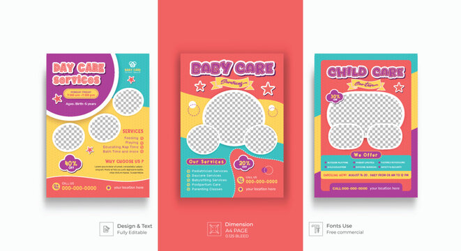 Childcare center and babysitter flyer or poster template, Colorful Childcare flyer