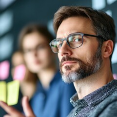 Obraz premium Man with glasses looking at sticky notes.