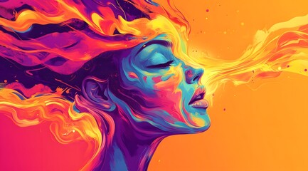 Woman with a blue face and purple hair is blowing smoke. The painting is colorful and vibrant, with a sense of energy and movement. The woman's expression is calm and serene