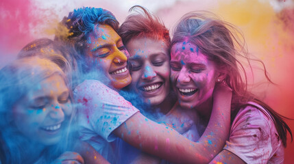 Obraz premium Group of Friends Hugging in a Cloud of Colorful Holi Powder, Joyful Expressions, Motion Blur Effect, Vibrant Festival Background, High-Energy Cinematic Shot
