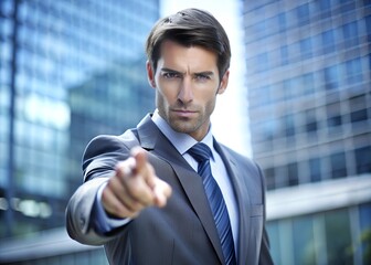 Fototapeta premium Businessman pointing forward, leadership concept, decision making, corporate authority, business communication, professional success, power and responsibility