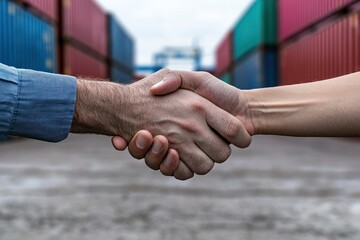Fototapeta premium Global Business Partnership Firm Handshake Against Shipping Containers Background