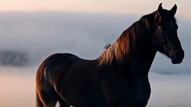 A slow-motion video of a horse galloping across a beach, its mane flowing behind it as the wind and waves create a dramatic, SLO-MO Horses running on the beach at sunset - time warp effect