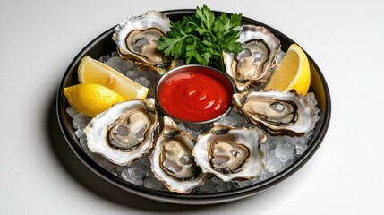 Fresh oysters elegantly arranged on ice with lemon slices and ta