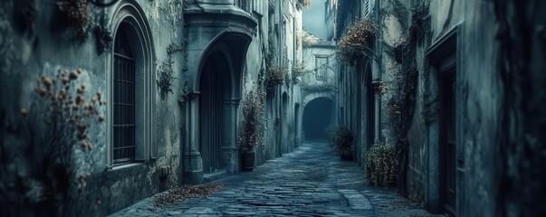 Cyberpunk alleyway, asymmetric architecture, dark grunge textures, 3D illustration