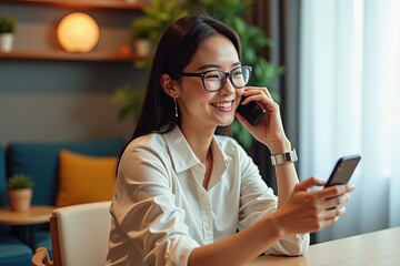 A young Asian woman in her twenties with long black hair, wearing glasses, smiling while talking on her phone and browsing on her smartphone in a cozy modern workspace with plants and warm lighting.