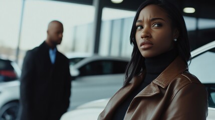 Thief alert in a car dealership, security noticing suspicious customer. Featuring swift response and vehicle protection