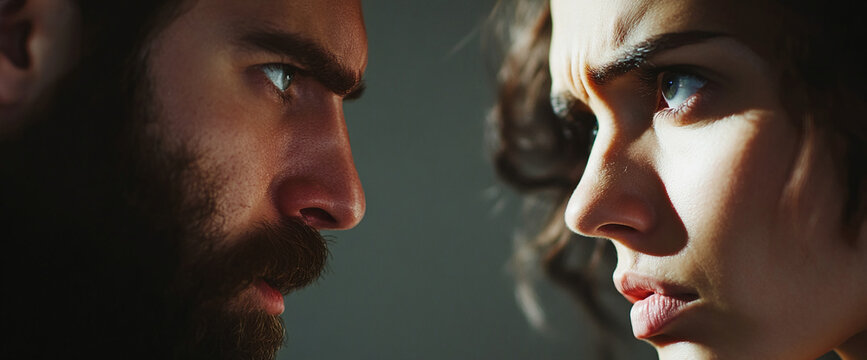 Close-up of a man and woman staring intensely at each other with focused expressions, showcasing a moment of tension, disagreement, or confrontation