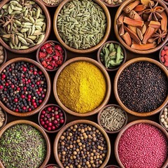 A Colorful Array of Spices and Herbs Displayed in Wooden Bowls Capturing Culinary Richness