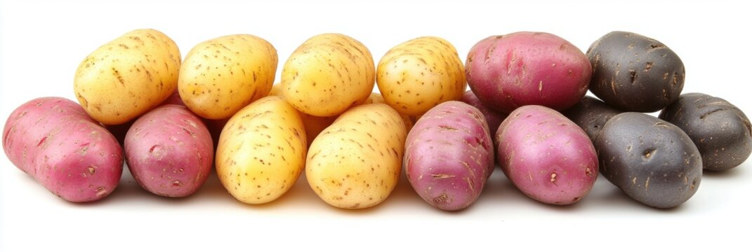 A variety of potatoes in different colors arranged artistically on a soft white background