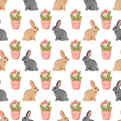 Easter Bunnies and flowers pots. Vector Seamless Pattern