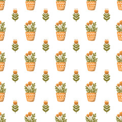 Flowers pot. Seamless vector pattern.