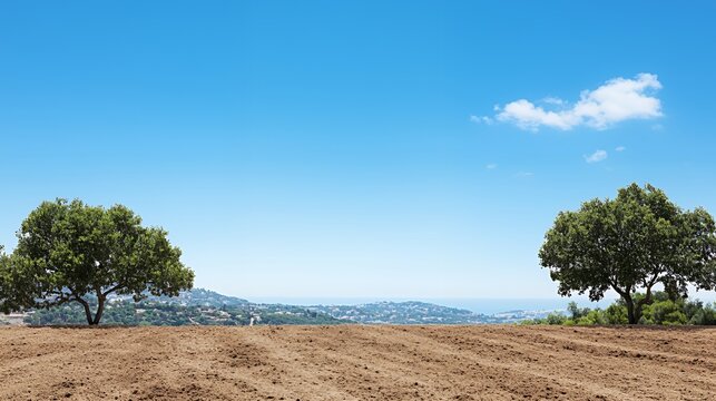 Two Lush Green Trees on Brown Soil Hilltop Overlooking a Panoramic Coastal View