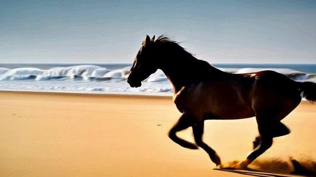 A slow-motion video of a horse galloping across a beach, its mane flowing behind it as the wind and waves create a dramatic, SLO-MO Horses running on the beach at sunset - time warp effect