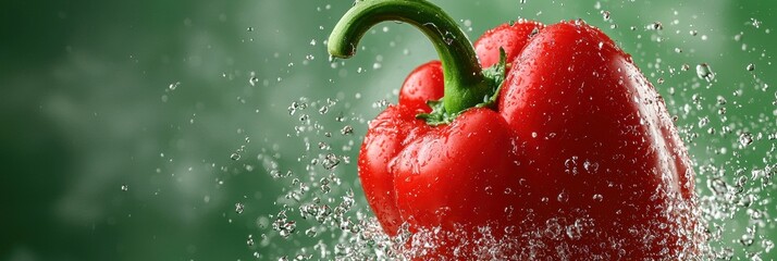 Bright Red Bell Pepper with Water Mist on Intense Green Background