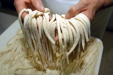 Il Rintrocilo pasta is a typical food of Abruzzo near Chieti in Italy similar tagliatelle made whit...