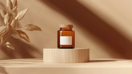 Product scene photo, dietary supplement bottle standing on wood stand