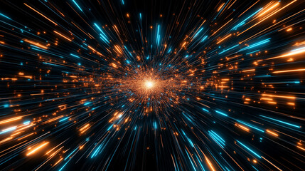Dynamic Cosmic Burst: A mesmerizing display of vibrant orange and teal energy streaks, radiating outward from a central point against a dark background.