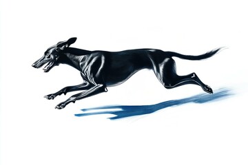 Obraz premium Dynamic black dog running across a white background, capturing motion and energy, ideal for animal lovers and pet related themes