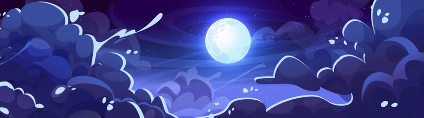 Fototapeta premium Anime styled night sky panorama with glowing full moon in deep blue cosmos. Midnight clouds of wavy patterns around shining celestial sphere in starlit darkness. Midnight game header or dusk scene.