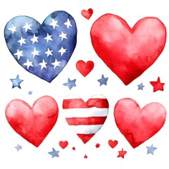 Vibrant Watercolor Hearts and Stars Symbolizing American Patriotism and