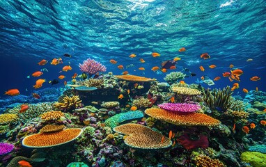 Naklejka premium Colorful coral reef teeming with exotic marine life and crystal-clear water