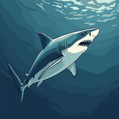 Obraz premium Vector image of a shark swimming in the ocean, a shark with teeth in the water column.