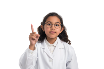 Serious young Indigenous girl scientist in lab coat pointing up isolated on transparent white background