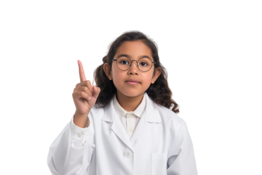 Serious young Indigenous girl scientist in lab coat pointing up isolated on transparent white background - Powered by Adobe