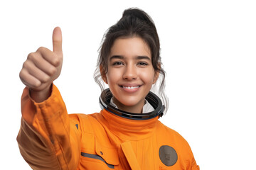 Cheerful young female astronaut in flight suit giving  thumbs-up isolated on transparent white background