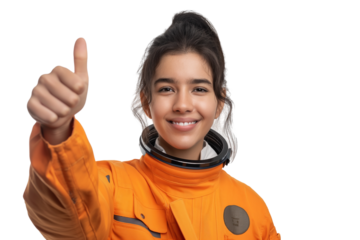 Cheerful young female astronaut in flight suit giving  thumbs-up isolated on transparent white background
