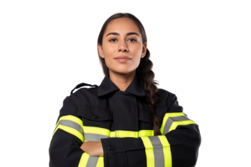 Confident Latina firefighter in uniform crossing her arms isolated on transparent white background