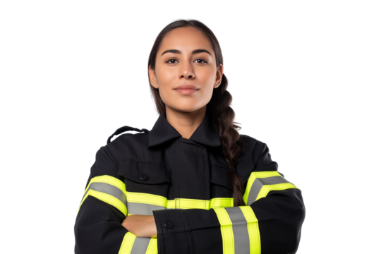 Confident Latina firefighter in uniform crossing her arms isolated on transparent white background